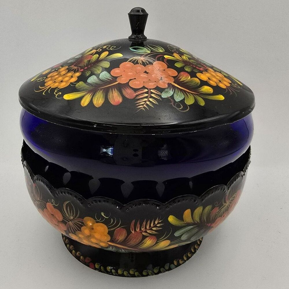 Vintage Ukrainian Petrykivka Painted Sugar Bowl / Trinket Bowl